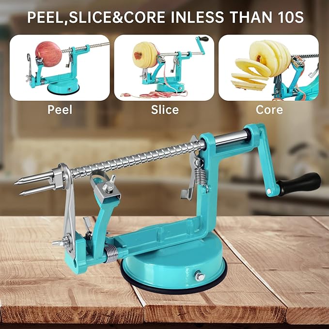 Apple Peeler, Slicer Corer Potato Peelers 3 In 1, Stainless Steel Heavy Duty with Suction Cup Base (Blue)