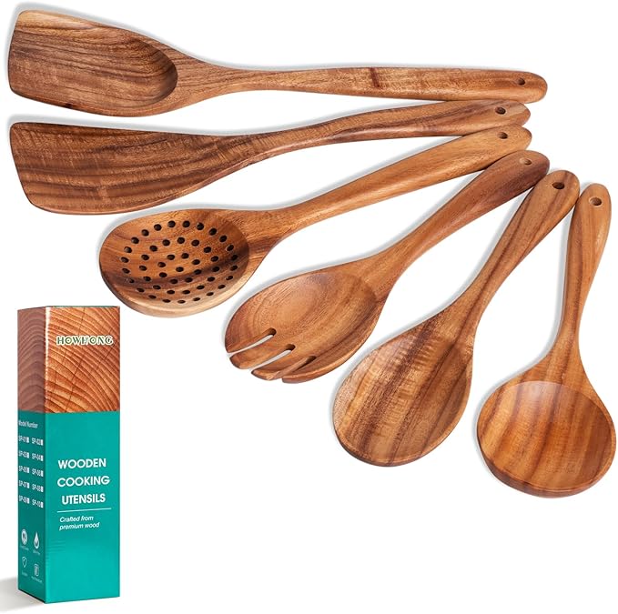 Wooden Spoons for Cooking, 6-Piece Natural Teak Wood Cooking Utensils Set – Wooden Kitchen Utensils Set with Smooth Finish Comfort Grip, Nonstick Safe Non-Toxic Wooden Cooking Tools by