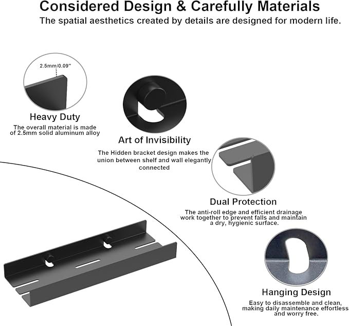 Epock 16" Floating Shelf for Wall Metal Heavy Duty Wall Mounted Shelf Screw-in with Anti Fall Lip,Rust-Proof for Bathroom, Kitchen, Living Room, Bedroom-Matt Black 2 Pack