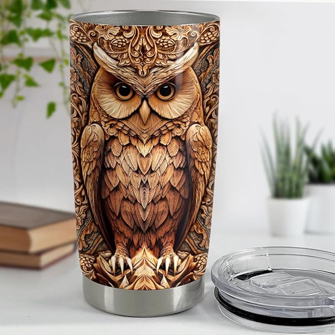 SANDJEST Owl Tumbler 20oz Stainless Steel Insulated Tumblers Coffee Travel Mug Cup Wood Drawing Style Owls Gifts for Women Men Gift for Birthday Christmas