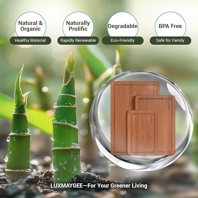 Bamboo Cutting Board for Kitchen, Wooden Cutting Boards 3-Piece with Deep Juice Groove Built-In Handles and Non-Slip Feet, Wood Chopping Boards Set for Meat Vegetables Fruit Ideal Gift for the Home