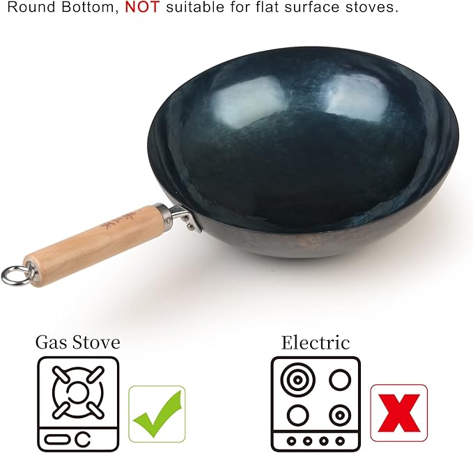 臻三环 ZhenSanHuan Chinese Hand Hammered Iron Pow Woks and Stir Fry Pans Wooden Handle Round Bottom (30CM, Silver-Not Seasoned)