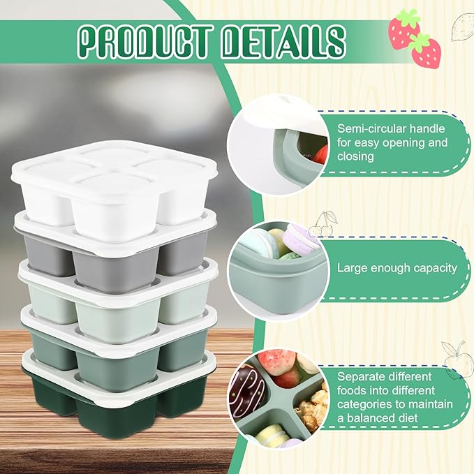 Honeydak 5 Pack Snack Containers 4 Compartment Bento Snack Boxes Reusable Lunchable Containers with Lids Divided Meal Prep Lunch Food Storage Box for School Work Travel(Sage,Equal)