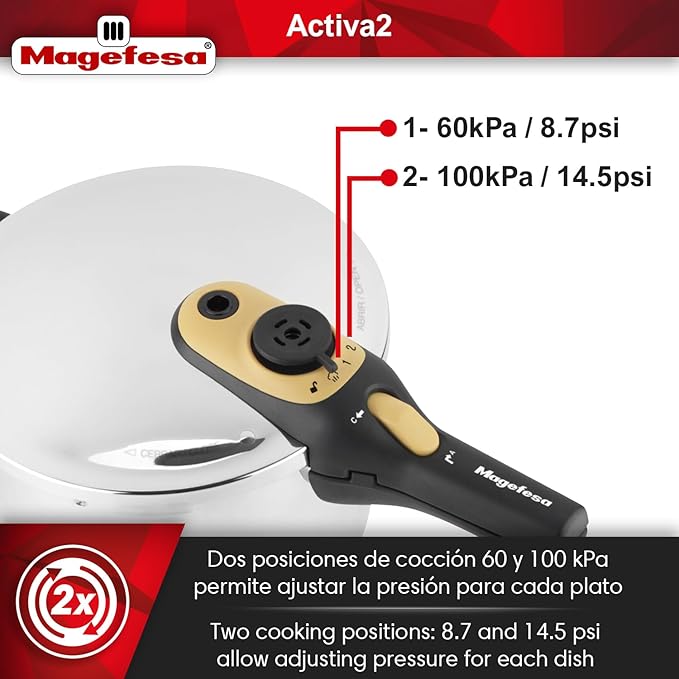 Magefesa Activa2 8-Quart Stainless Steel Pressure Cooker – 2 Cooking Programs, Works on All Stovetops, Mustard Handle