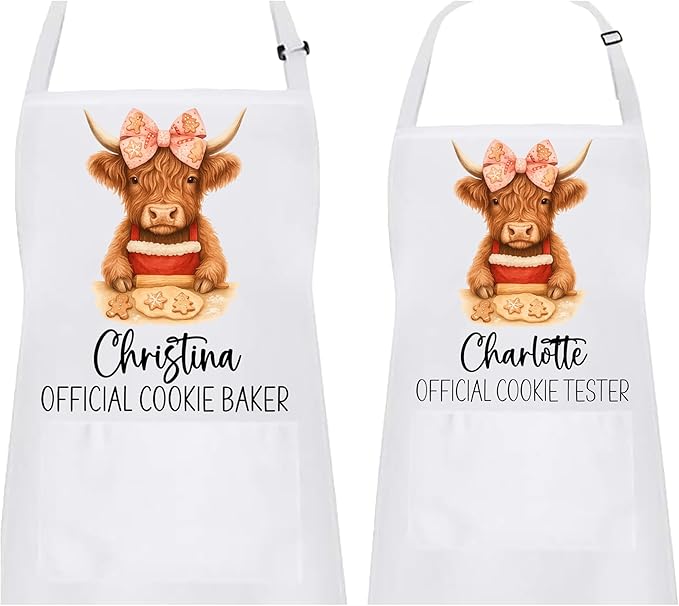 Personalized Mommy & Me Highland Cow with Bow Apron Set – Christmas Matching Family Baking Gift