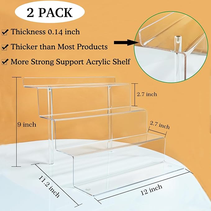 Large 2 Pack Acrylic Display Risers - 4 Tier Shelf Cupcake Stand, Clear Perfume Organizer, 12 Inch Riser Stand for Figures, Desserts & Party Decor
