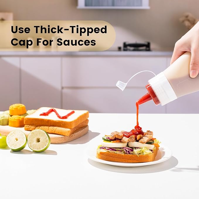 Condiment Squeeze Bottles, 16 oz Silicone Squeeze Bottles For Sauces, Leak Proof Condiment Containers with Extra Interchangeable lid, Easy Squeeze for Oil, Honey & Dressings, BPA FREE (4 Pack)