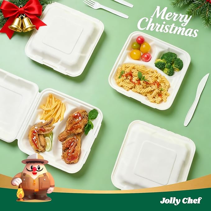 JOLLY CHEF Clamshell Take Out Food Containers, [8 * 8" 50-Pack] 3-Compartment To Go Containers Disposable, Sugarcane To Go Boxes for Salad,Lunch