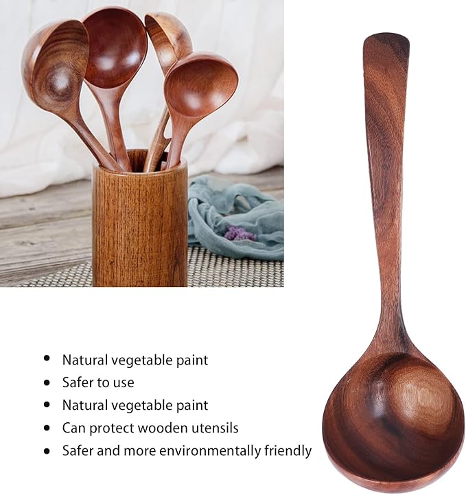 Wooden Ladle Spoon, Long Handle Wood Teak Soup Deep Serving Spoon Porridge for Cooking Kitchen Smooth Finish Lightweight Natural Texture Sustainable Handcrafted Versatile Utensil(7.87×2.36in)