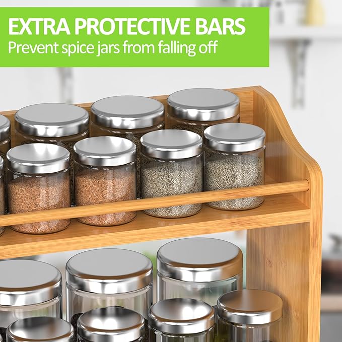 3 Tier Bamboo Spice Rack Organizer, Wood Seasoning Shelf, Spice Jars Storage Rack for Kitchen Countertop or Wall