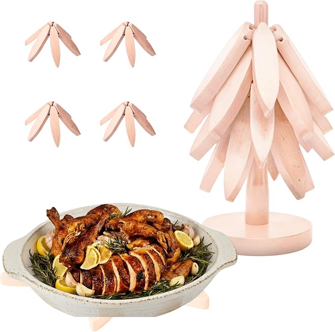Wooden trivets for hot Dishes – 4 Tree-Shaped Coasters & 1 Stand for Hot Pots, Dishes | Heat-Resistant, Space-Saving Pot Rest & Cozy Kitchen Decor, Tree Trivets for Counter + Special Bonus (Blush)