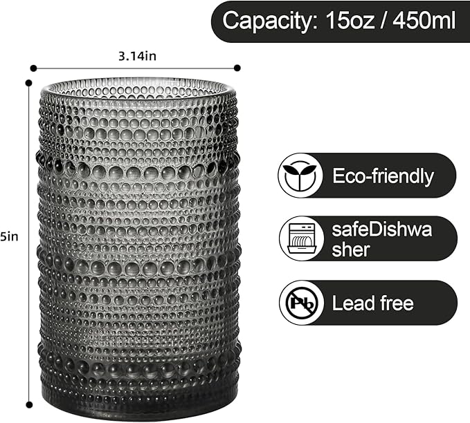 Vintage Glassware Drinking Glasses Set of 6,15 oz Hobnail Glass Cups,Embossed Grey Water Tumbler,for Beer,Cocktail,Whiskey,Juice and Various Mixed Drinks- 1 Cleaning Brush