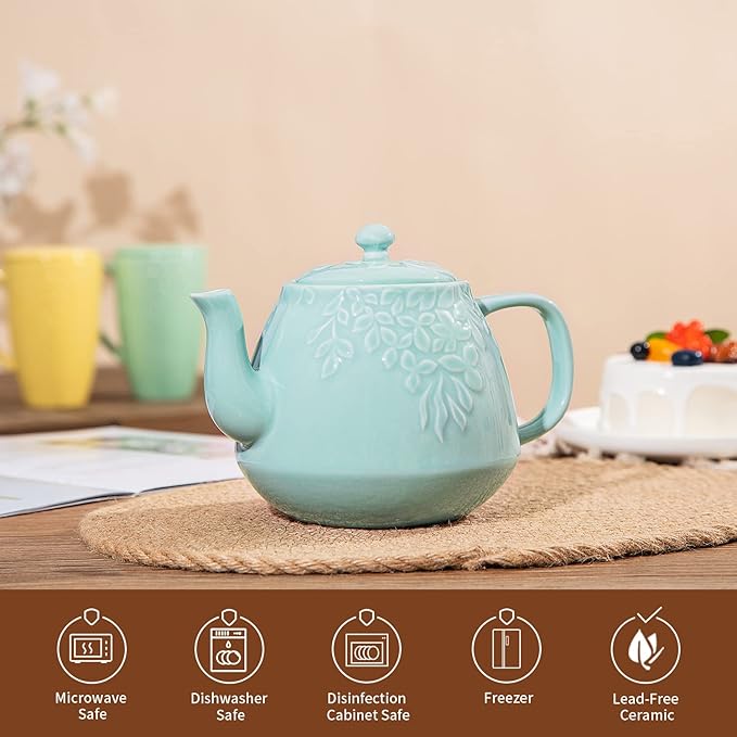 Toptier Ceramic Teapot, Large Tea Pot with Stainless Steel Infuser, Blooming & Loose Leaf Teapot for Tea Lover, Gift, Family (37 oz / 1100 ml, Blue)