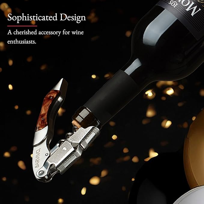 Barvivo Gold Resin Wine Opener with Foil Cutter Knife and Cap Remover, Double Hinged Manual Wine Key for Bartenders, Servers, Waiters, Stainless Steel Wine Bottle Opener Corkscrew