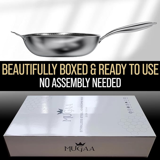 12.5” Nonstick Stainless Steel Wok Pan with Lid | Tri-Ply Honeycomb Hybrid Stir-Fry Pan | Nonstick Woks & Stir-Fry Pans | PFOA-Free, Induction, Dishwasher & Oven Safe