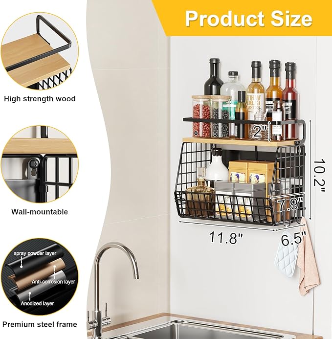 Magnetic Shelf for Fridge with Wood Lid, Fruit Onion and Potato Storage Organizers, Wall Hanging Basket with 4 Hooks, Magnetic Spice Rack for Refrigerator and Kitchen Counter