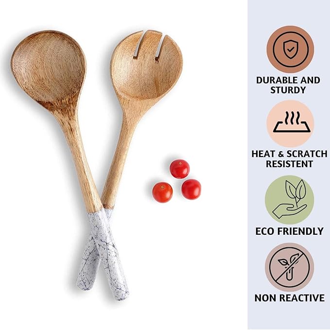 Folkulture Salad Servers or Salad Tongs | Set of 2 (12") Serving Spoons in Kitchen Essentials or Salad Hands Set | Wooden Salad Tongs for Serving | Christmas Gifts for Women Unique