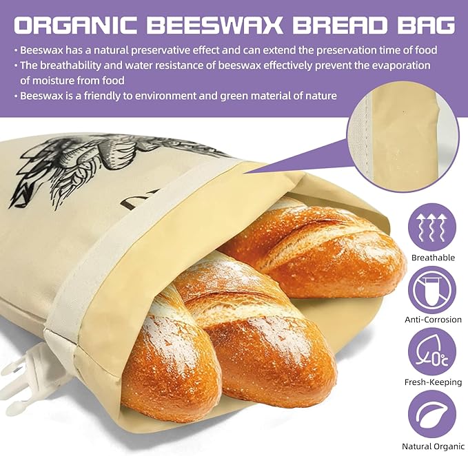 Reusable Beeswax Bread Bags, 2-Pack Large Organic Linen Bread Bags, Washable & Freezer-Friendly Food Storage Cloth for Sourdough, Homemade Bread – Preserves Freshness (Beige)