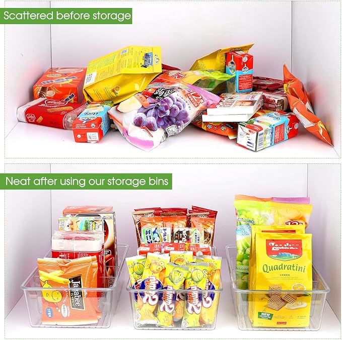 6 Pack Food Storage Organizer Bins Clear Plastic Removable Snack Organizer Pantry Organization Storage Racks with 3 Dividers, Kitchen, Cabinets Snacks, Packets, Spices, Pouches Stackable Bins