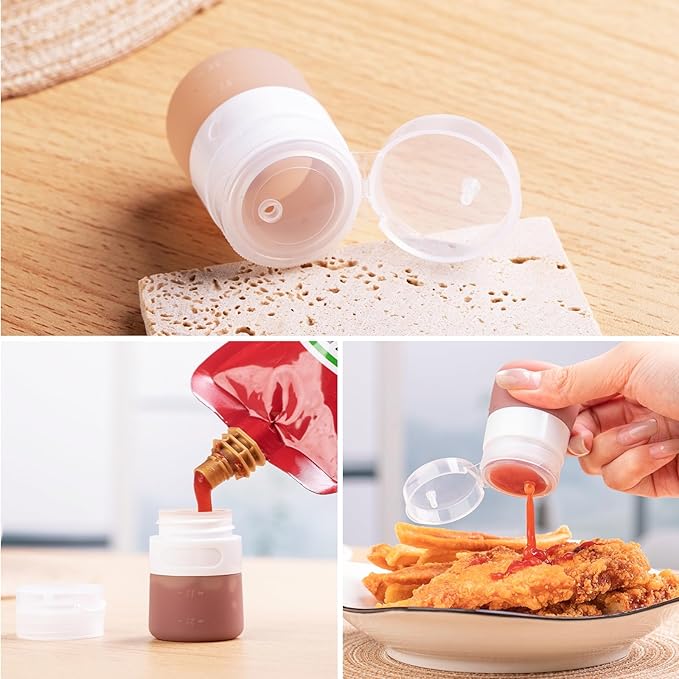 8-Pack Salad Dressing Container To Go, 1-oz Silicone Small Condiment Squeeze Bottles and 1.6 oz Stainless Steel Sauce Containers Cups, Leakproof Condiment Containers with Lids for Lunch Box