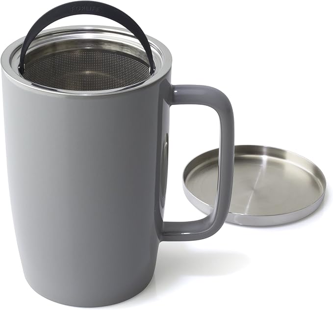 FORLIFE Dew Glossy Finish Brew-In-Mug with Basket Infuser & "Mirror" Stainless Lid 18 oz., Gray