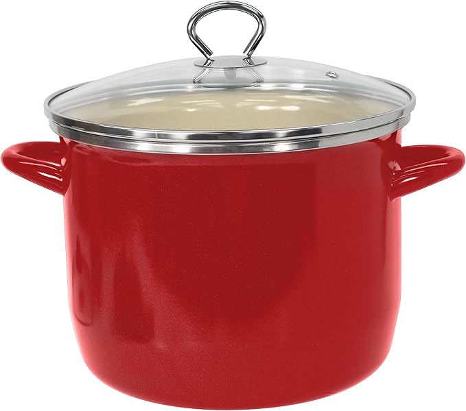 Vasconia EOS 8-Quart Stockpot with Glass Lid (Red) Soup Pot for All Ranges, Dishwasher & Oven Safe up to 350°F - Non-Reactive Enameled Interior Pot for Gumbo, Stew, Boil, Pasta, Chili