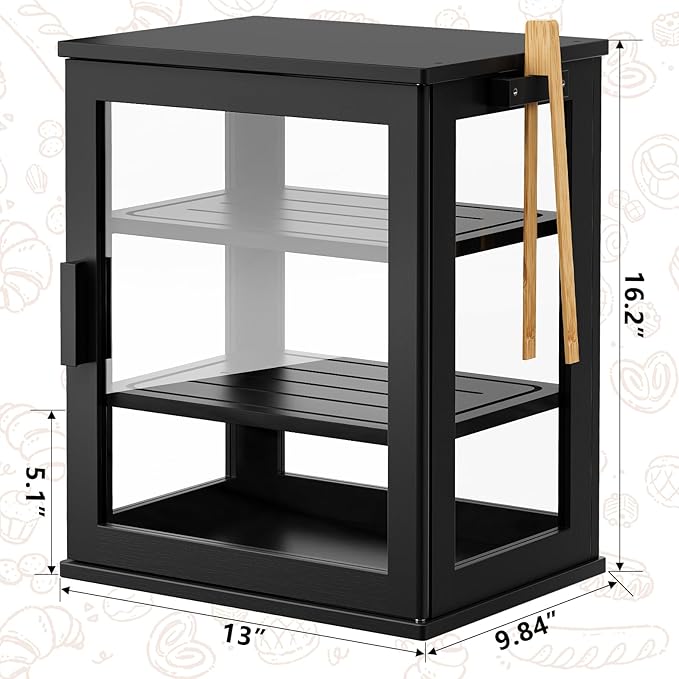 WOWLIVE Black Bread Box for Kitchen Countertop, Large 3 Layers Bread Storage Container for Homemade Bread with Window, Farmhouse Breadbox Organizer for Kitchen, Cabinet, Pantry (Black, Meduim)