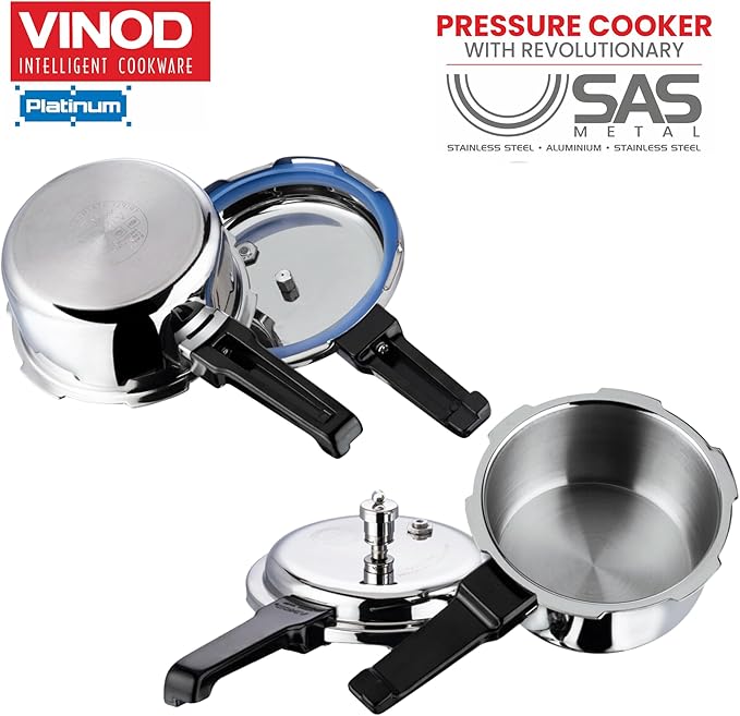 Vinod Platinum Triply Stainless Steel Outer Lid Pressure Cooker102 oz Capacity - ISI Certified, Silver, Induction Friendly, Pressure Cooker for Home Cooking