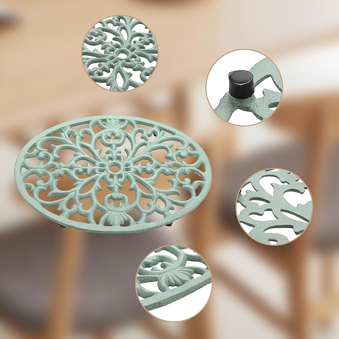 Sumnacon 1Pcs Oval Cast Iron Trivet - Antique Heat Resistant Metal Trivet for Hot Dish Pot Pan Teapot, Vintage Well Made Hot Plate Pad for Kitchen Dining Countertop Table,Green
