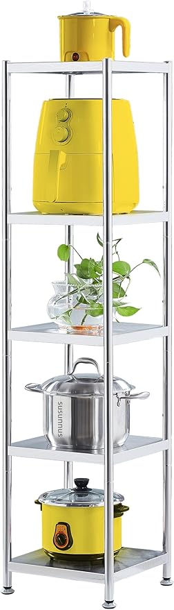 susunnus Stainless Steel Shelves 13.8in-5 Tier, Corner Shelf, Storage Shelves, Narrow Metal,Stainless Steel Shelf, Kitchen Storage Rack for Small Spaces Tall Skinny Shelf