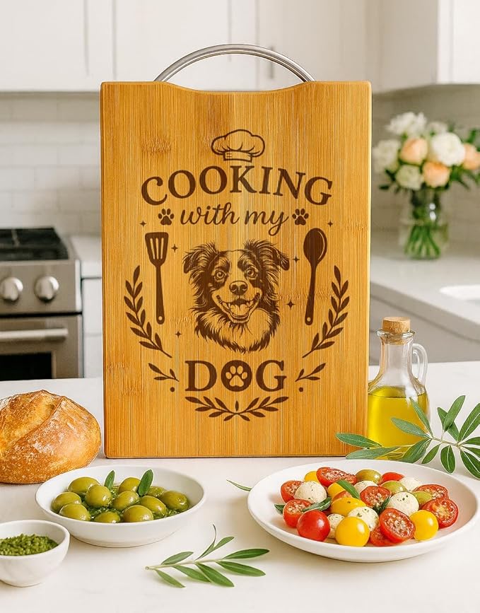 Bamboo Cutting Board, Personalized Gift for Dog Lovers, Kitchen Decor – Cooking with My Dog (Australian Shepherd)