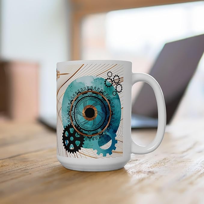 Turquoise, Black, and Copper Gears Coffee Mug for Men, Blue Coffee Mugs for Engineers, Mechanics, or Gear Head gifts,