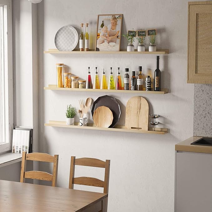 Wallniture Denver 48 Inch Floating Shelves for Wall Decor, Narrow Picture Ledge Shelf Set of 2, Natural Pine Wood Shelves