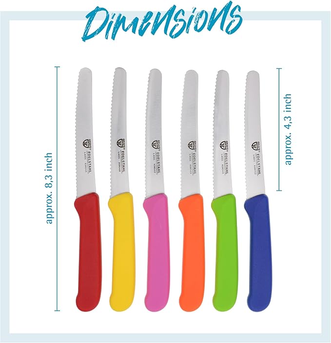 GRÄWE table knife 6 pieces, knife set for cutting, pack of 6 bread knives, breakfast knife with serrated edge on one side, knife 8.3 inch - Colorful