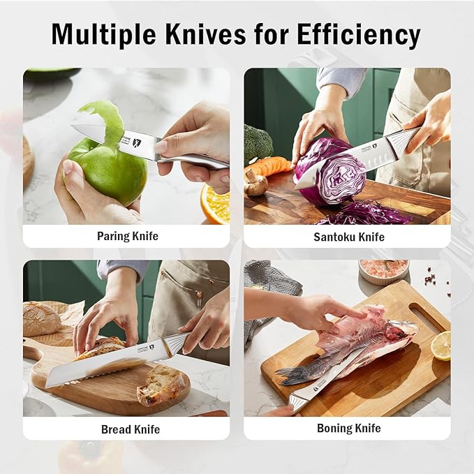 KINGSTONE Kitchen Knife Set with Block,14 Pcs German Stainless Steel Knife Set with Built-in Sharpener, Dishwasher Safe Knife Block Set (White, 14pcs)
