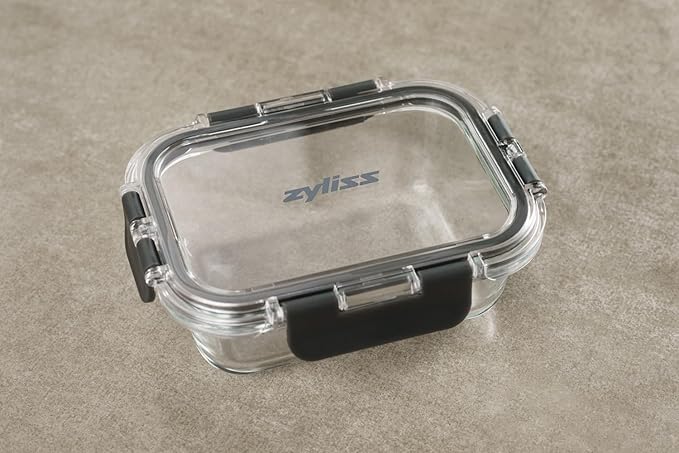 Zyliss Glass Container, Shatter Resistant Glass, Airtight Food Storage Box with Sealable Lid, Microwave Safe, BPA Free Lid, Freezer Safe, Fridge Storage, Food Container, 6.3in x 4.7in x 2", 12.5oz