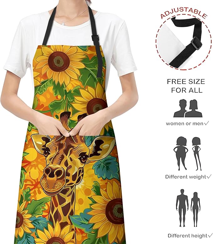 Giraffe and Sunflower Apron for Women Men, Cooking BBQ Chef Polyester Lightweight Floral Giraffe Aprons with Pockets for Baking Kitchen Gardening Cleaning, Adjustable Neck Strap, 28×33inch