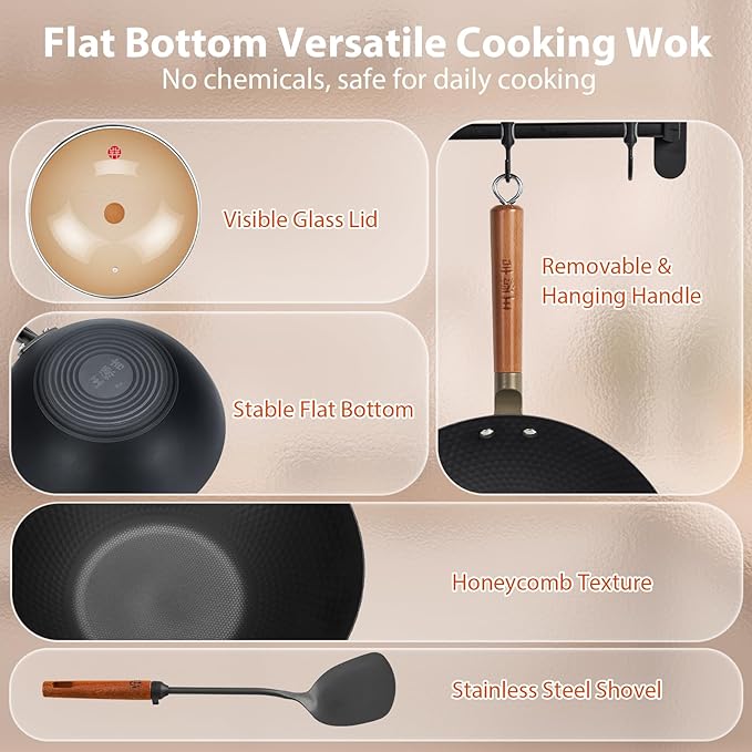 WANGYUANJI 12.6 Inch Carbon Steel Wok with Lid, Flat Bottom Uncoated Lightweight Wok Pan with Wooden Handle for Stir-Fry, Gas, Electric and Induction