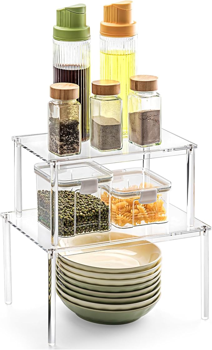 Acrylic Cabinet Organizer, Set of 2 Shelf Organizer, Spice Rack Organizer for Cabinet, Desk Countertop Organizer, Stackable Shelves for Pantry Kitchen Storage and Organization