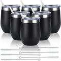 6 Pack Stainless Steel Wine Tumblers, 12Oz Insulated Wine Tumbler, Double Wall Insulated Wine Glass, Stainless Steel Stemless Wine Cups with Lids for Coffee, Wine, Cocktails, Champaign, Black…