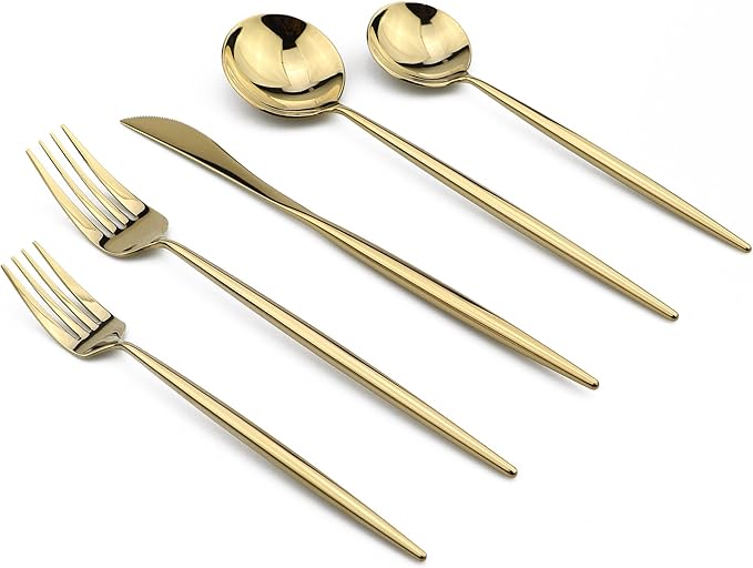 5-Piece Flatware Set, 18/10 Stainless Steel Dishwasher Safe, Mirror Polishing Gold