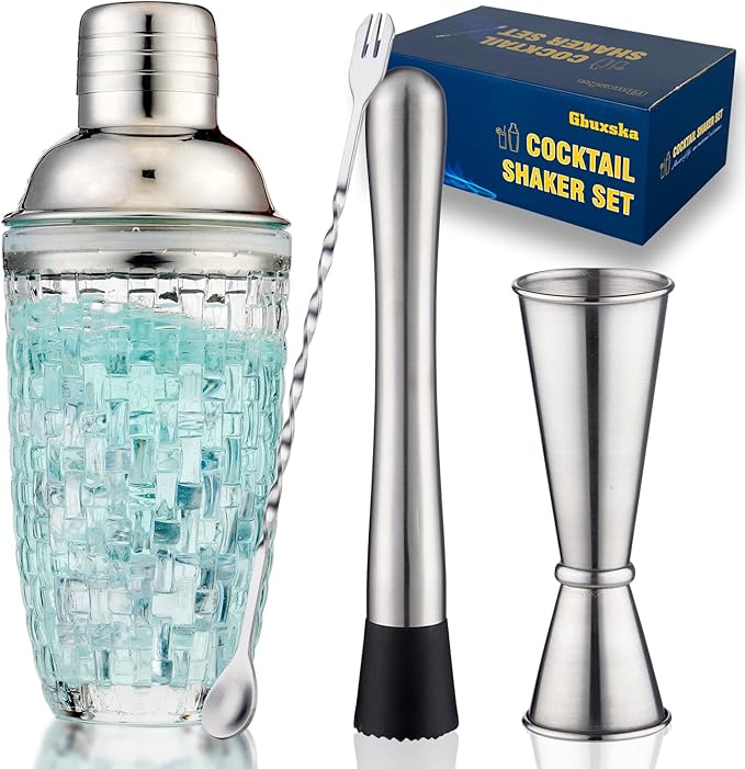 Cocktail Shaker Set- Includes Jigger, Mixing Spoon, and Muddler - Perfect for Home Bar Accessories, Perfect for Making Cocktails and Protein Shakes(Sliver)
