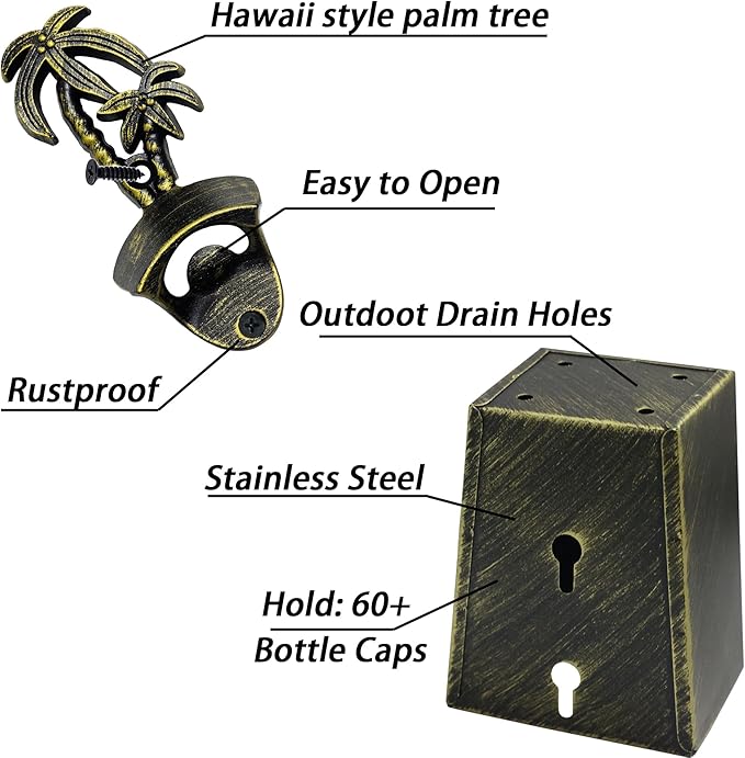 Old Fashioned Wall Mount Beer Cap Opener Palm Tree, Post Mounted Bottle Opener with Cap Catcher Drained (Aged Bronze)