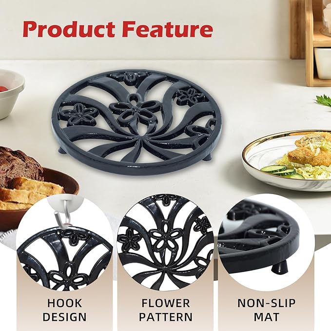 Vintage Cast Iron Trivet, Heat-Resistant Metal Trivet for Hot Dishes Pots Pans with Daffodil Pattern for Tabletop Protection, Black