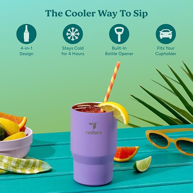 Reduce 4-in-1 Drink Cooler - Versatile Can & Bottle Holder with Vacuum Insulation - Keeps Drinks Cold Up to 4 Hours - Includes Bottle Opener - Fits Cupholders & Dishwasher Safe - 14oz - Purple Punch