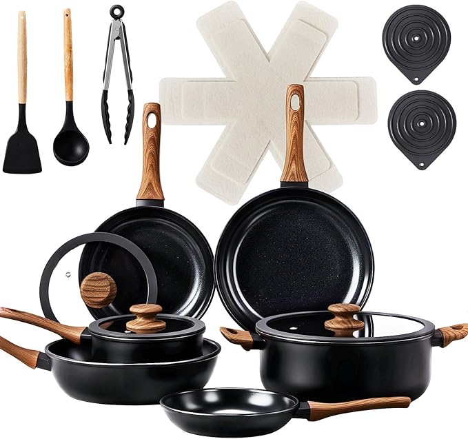 ROVSUN 20 Pcs Nonstick Pots and Pans Set, Cast Aluminum Kitchen Cookware Set, RV Kitchen Cooking Set and Utensils, PFAS PFOA & PFOS Free, Black, Skillet, Saute Pan, Soup Pot