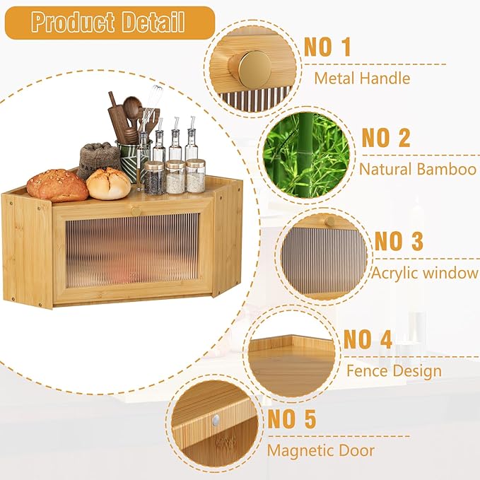 Corner Bamboo Bread Box for Kitchen Counter Large Capacity Rustic Bread Storage Container with Wavy Arcylic Transparent Door Vintage Storage for Homemade Bread (Natural Bamboo)