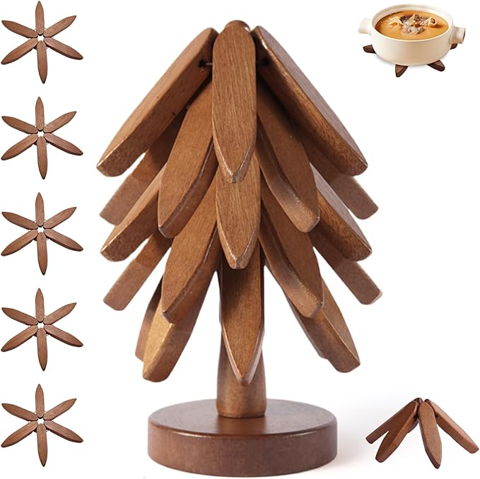 Wooden Tree Trivets for Hot Dishes, Wood Coasters Set of 5 for Hot Pots and Pans Stackable, DIY Wooden Christmas Tree Trivet (5 Walnut Trivets +1 Stand)