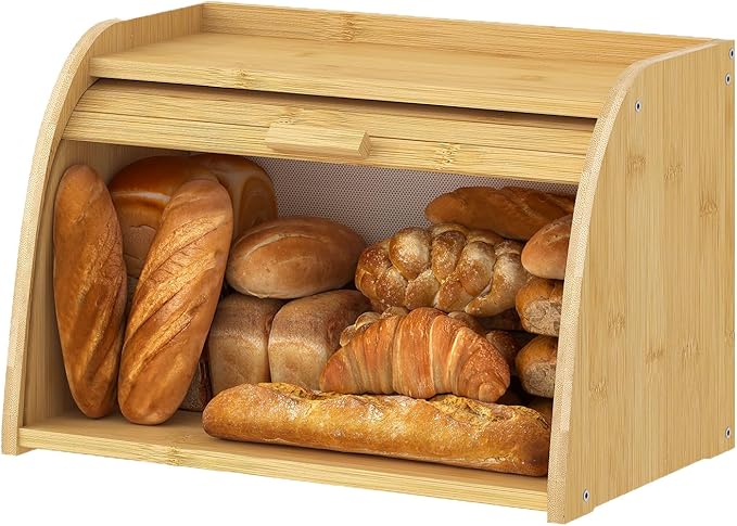 Bread box for kitchen countertop, Bamboo bread storage, Roll-Top bread container, Farmhouse bread holder for homemade bread (single layer)