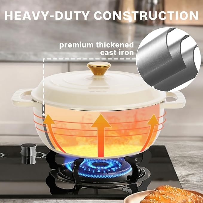 ROVSUN 5 Quart Enameled Cast Iron Dutch Oven with Lid, Dual Handles, Oven Safe up to 500°F or on Stovetop, Compatible for Braising, Stews, Roasting, Bread Baking-Cream White